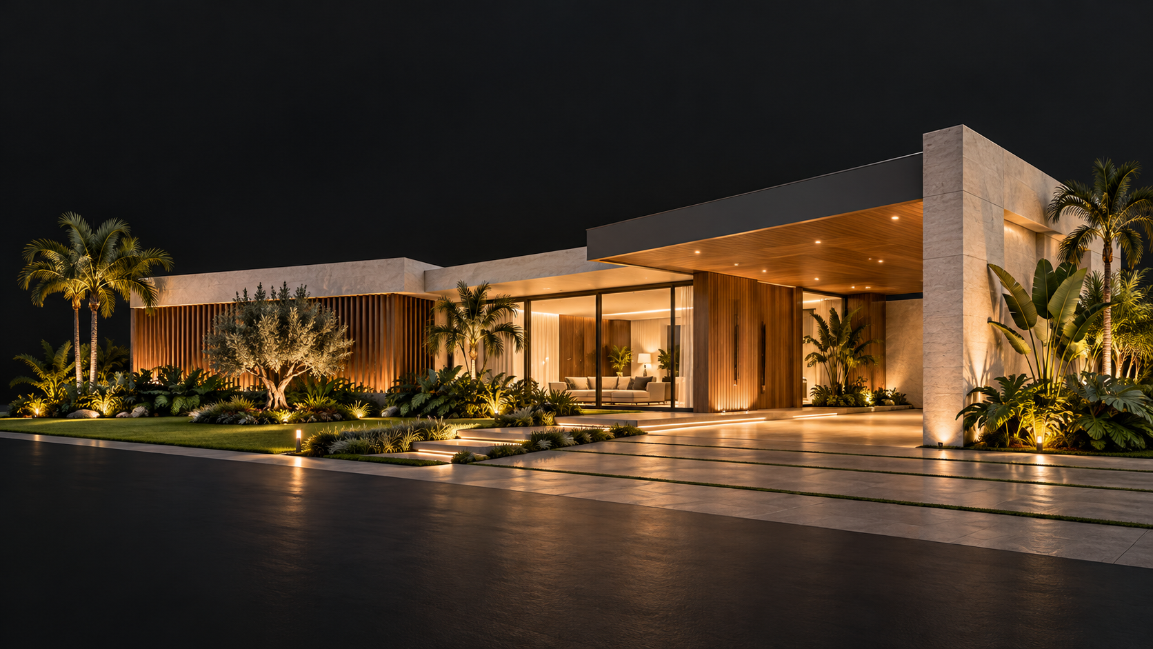 Residência contemporânea iluminada, com acabamento em madeira, pedra e paisagismo